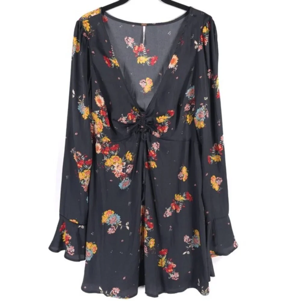 Free People Mini Dress Floral LS Slit Cuffs Tie Vneck Flare Silky Midnight LARGE
